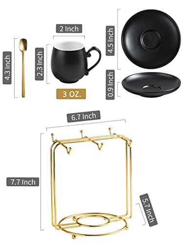 LYEOBOH Black Ceramic Espresso Cup Set with Spoons & Stand, 3 oz Demitasse Mugs