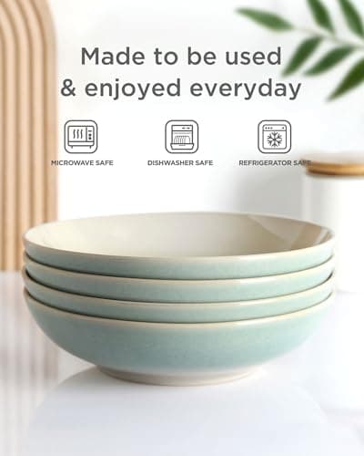 Famiware Glacier Series 8.7" Stoneware Pasta Bowls Set of 4, 34oz, Microwave & Dishwasher Safe, Aqua