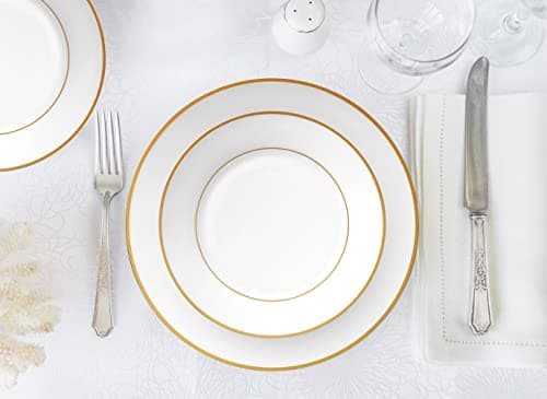 Bone China 20PC Dinner Set, Service for 4, Double Gold Rim, White, Microwave Safe