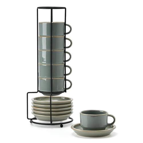 Stackable Espresso Cups Set with Saucers and Stand, 4 oz, Set of 4 — Green