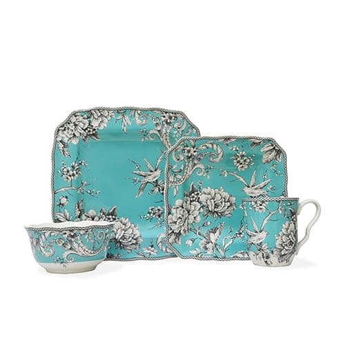 222 Fifth Adelaide 16-Piece Grey & White Dinnerware Set for Everyday Use — Turquoise