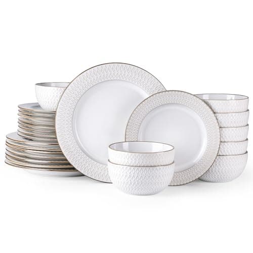 GBHOME Elegant Stoneware Dinnerware Set, 12-Piece Embossed Plates & Bowls | Safe for Dishwasher & Microwave | Ideal Hous — Pearl White-Diamond