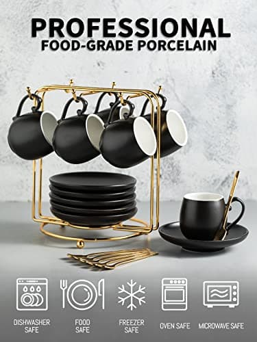 LYEOBOH Black Ceramic Espresso Cup Set with Spoons & Stand, 3 oz Demitasse Mugs