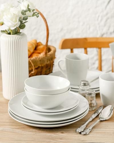 Ceramic Dinnerware Set for 4, White, Dishwasher & Microwave Safe