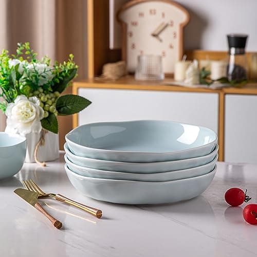 LERATIO Ceramic Large Salad Bowls Set of 4, 30 Oz Microwave & Oven Safe White — Sea Wave-Pale Blue