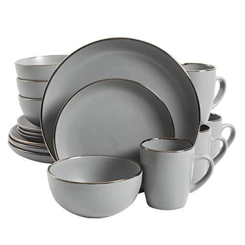 Gibson Home Rockaway Round Stoneware Dinnerware Set, Matte Blue (16pcs, Serves 4) — Grey/Gold Rim