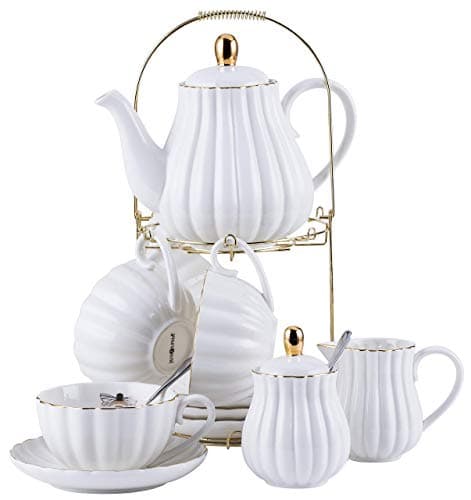 Jusalpha 17-Piece White Porcelain Tea Set Includes Cup, Saucer, Spoons, Teapot, Creamer
