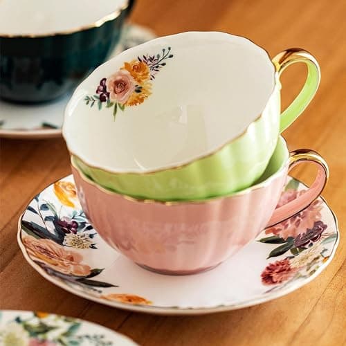 ONEUSTAR 8 Oz Bone China Tea Cup and Saucer Set for Mom Birthday Party Gifts