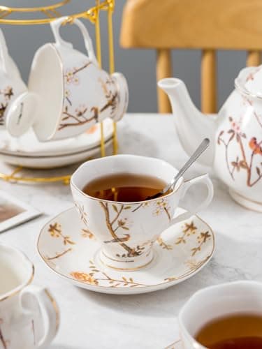 Jusalpha Fine China Bird Tree Pattern 4-Piece Coffee/Tea Set with Teapot, Sugar Bowl, Cream Pitcher & Teaspoons
