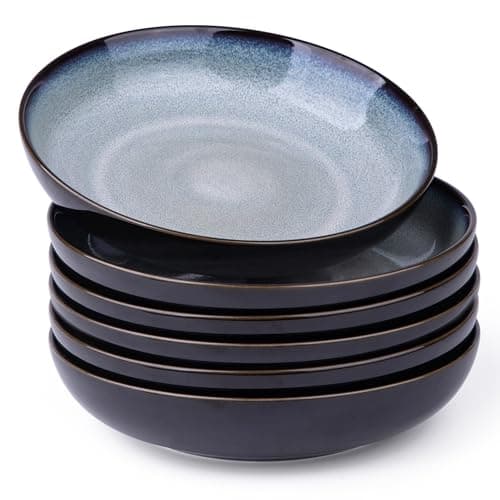 LERATIO 9.0" Reactive Glaze Ceramic Pasta Bowl Set, Microwave & Oven Safe, Wide 38oz Salad & Pasta Bowls-Khaki — Gray Blue