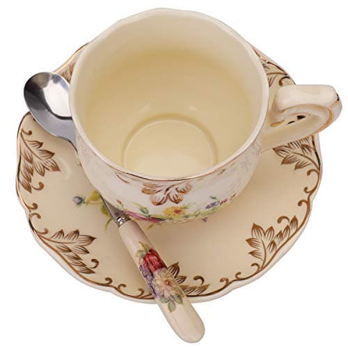 Foraineam 8 oz. Floral Ivory Ceramic Tea Cup & Saucer Set