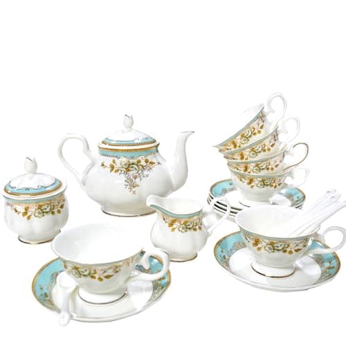 Vintage Bone China Tea Set, 21-Piece Porcelain Set for Adults (Blue) — Green
