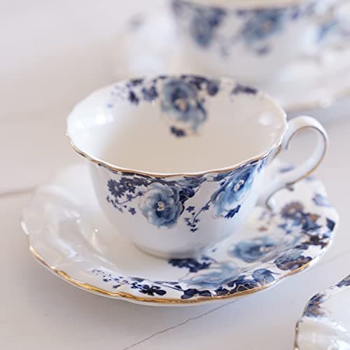 4-Piece Blue and White Jomop Ceramic Tea and Coffee Cups with Saucers