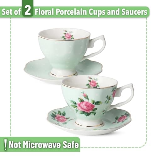 Floral Tea Cups and Saucers Set, Porcelain with Gold Trim, 8oz