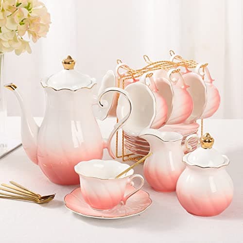 DUJUST 22 Piece Pink Luxury Tea/Coffee Set, Golden Trim, Perfect Gift for Women — Special Gradient Pink