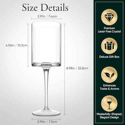 Premium Crystal Wine Glasses - Hand Blown, Long Stem, Square Design - Set of 4, 15oz