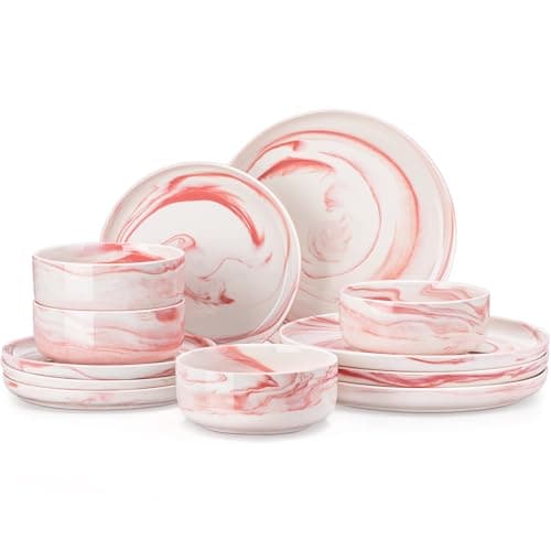 MALACASA Series LUNA 24-Piece Modern Porcelain Dinnerware Set — Marble Pink