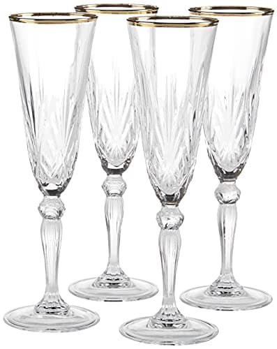 Crystal Flute Glasses with Gold Band Design, Set of 4 by Lorren Home Trends