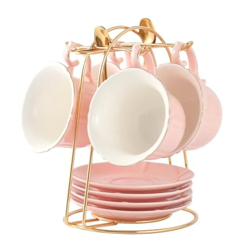 DUJUST Pink Tea Cup Set with Saucers (Set of 4) - 8 oz Porcelain with Gold Trim and Metal Stand