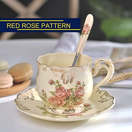 YOLIFE Ivory Pink Rose Vintage Floral Porcelain Tea & Coffee Set of 6