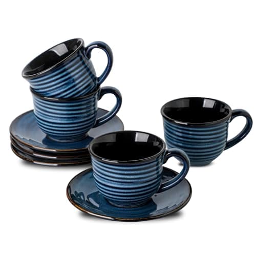 Ceramic Espresso Cups & Saucers, 5 Oz, Set of 4, Small Coffee Mugs Brown — Blue