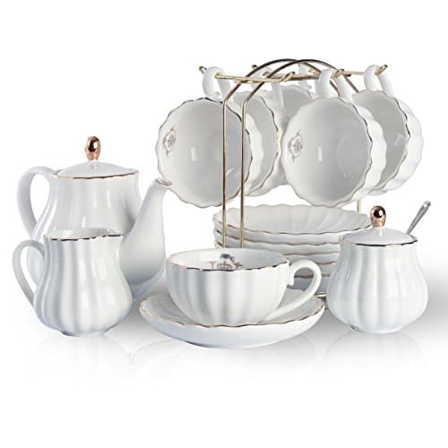 Sweejar British Royal Porcelain Tea Set, 8oz Cups & Saucer for 6 Guests, Teapot Included — White