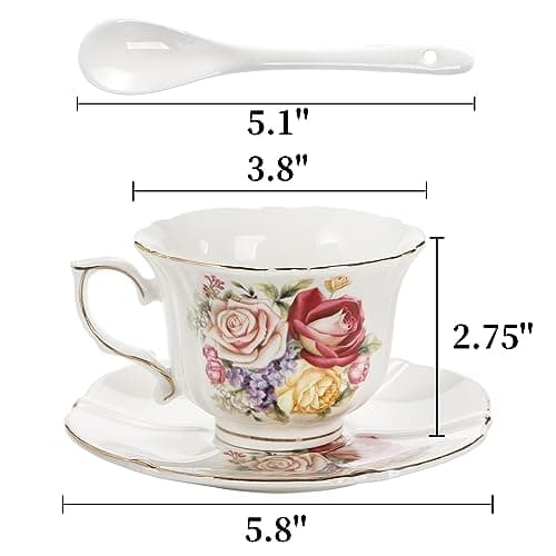Vintage Rose Tea Cups and Saucers Set, 8 OZ Ceramic with Gold Trim for Tea Party
