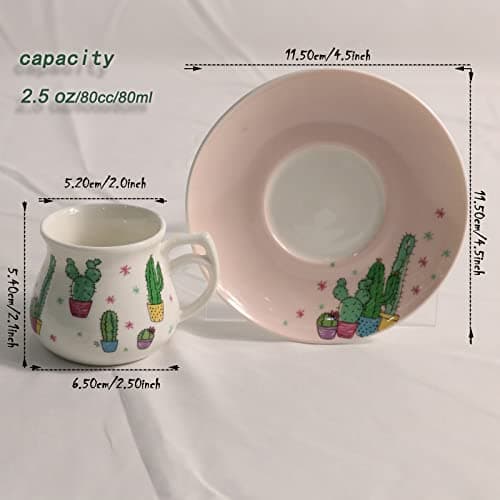 GuangYang Porcelain Espresso Cups & Saucers, 2.5 Ounce, Cactus Pattern, Set of 6