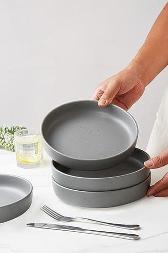 Famiware 8.5" Dawn Speckled Stoneware Pasta Bowl Set, Dark Gray, Set of 4