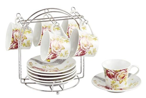 Floral Espresso Cups On Metal Stand (Set of 6), Pink