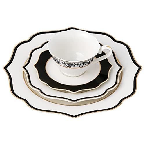 Lorren Home Trends 57 Piece Wavy Black & Gold Bone China Service for 8 - Fiona