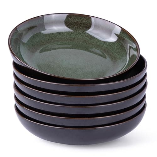 LERATIO 9.0" Reactive Glaze Ceramic Pasta Bowl Set, Microwave & Oven Safe, Wide 38oz Salad & Pasta Bowls-Khaki — Green