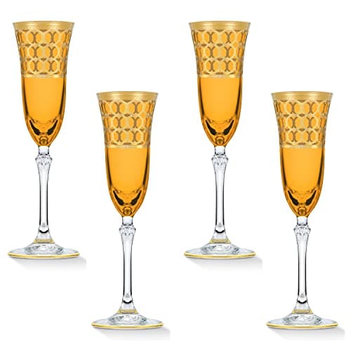 Lorren Home Trends Amber Champagne Flutes with Gold Rings, Set of 4