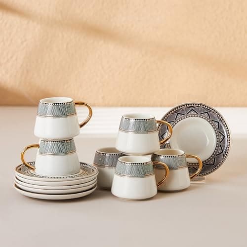 KARACA Saturn Gold Turkish Coffee Cup Set for 6 People — White with Black Patterns