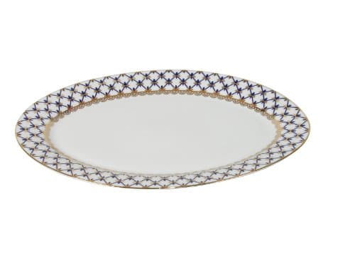 Lorren Home Trends 57-Piece Porcelain Dinnerware Set for 8, Cobalt Blue Lattice Border, Gold