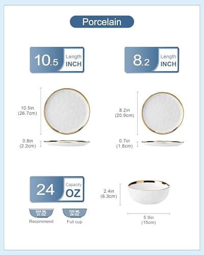 LOVECASA White and Gold Porcelain Dinnerware Set, 12-Piece Plate and Bowl Kit, Dishwasher Safe