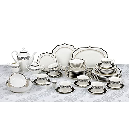 Lorren Home Trends 57 Piece Wavy Black & Gold Bone China Service for 8 - Fiona