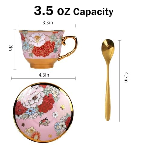Set of 8 Vintage Floral Tea Cups with Saucers and Gold Spoons for Afternoon Tea