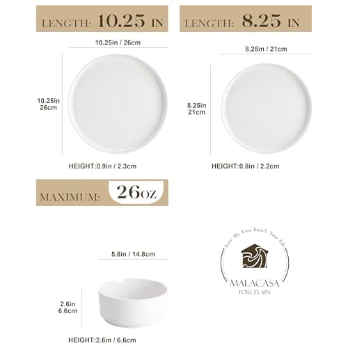 MALACASA LEAH 12-Piece Modern White Porcelain Dinnerware Set, Chip and Scratch Resistant