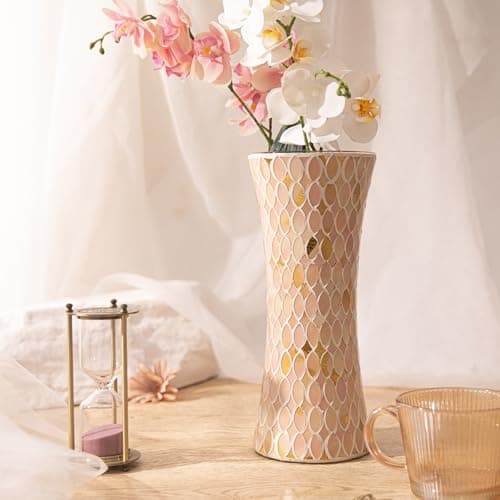 Mosaic Pink Glass Flower Vase, Large Living Room & Kitchen Decor