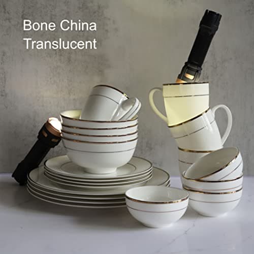 Bone China 20PC Dinner Set, Service for 4, Double Gold Rim, White, Microwave Safe