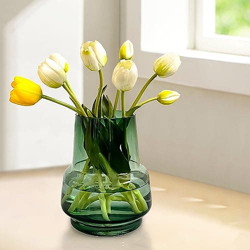 Handmade Modern Large Glass Vase for Flowers, 7.5 Inch (Green)