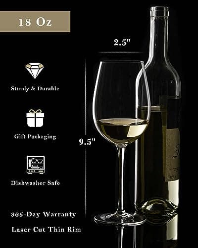 JBHO Italian Style Lead-Free Clear Crystal Wine Glasses - Set of 4, 18 oz - Gift Packaged