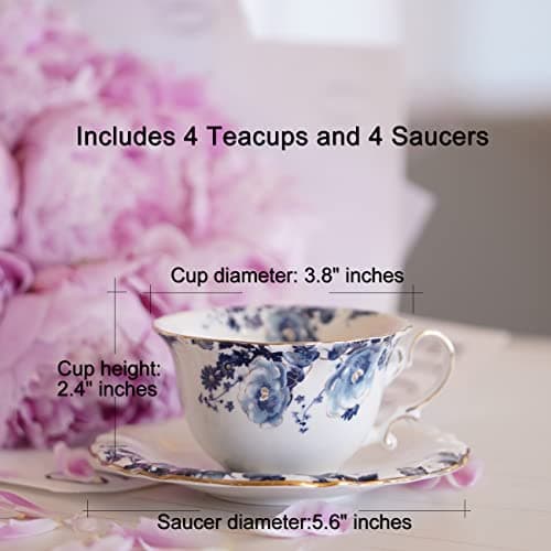 4-Piece Blue and White Jomop Ceramic Tea and Coffee Cups with Saucers