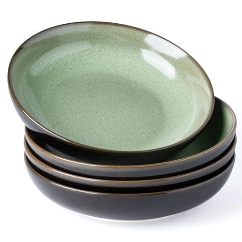 LERATIO 9.0" Reactive Glaze Ceramic Pasta Bowl Set, Microwave & Oven Safe, Wide 38oz Salad & Pasta Bowls-Khaki — Light Green