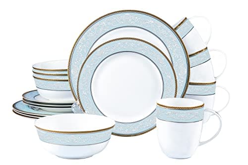 Fine Bone China 16-Pcs Dinnerware Set, Classic Relief Gilt Edged Porcelain