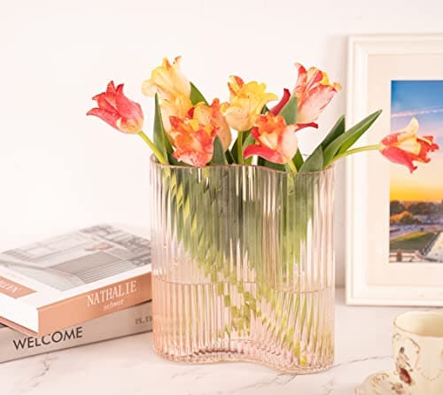 Pink Modern Footprint Striped Glass Vase for Home, Office, and Restaurant Centerpieces (8.3 Inch)