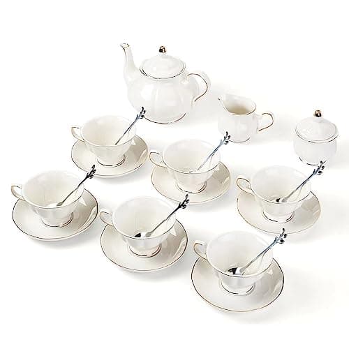 Chenp.HMC 22-Piece Porcelain Coffee Tea Set with Teapot, Cups & Saucers (WHITE3)