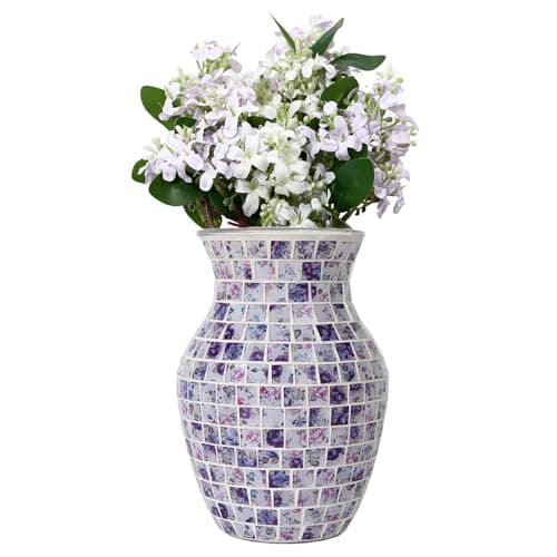 Mosaic Pink Glass Flower Vase, Large Living Room & Kitchen Decor — Purple Blue and White