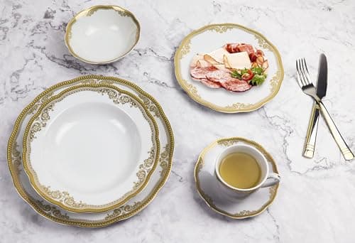 Lorren Home Trends Catherine 24-Piece Porcelain Dinnerware Set, Gold